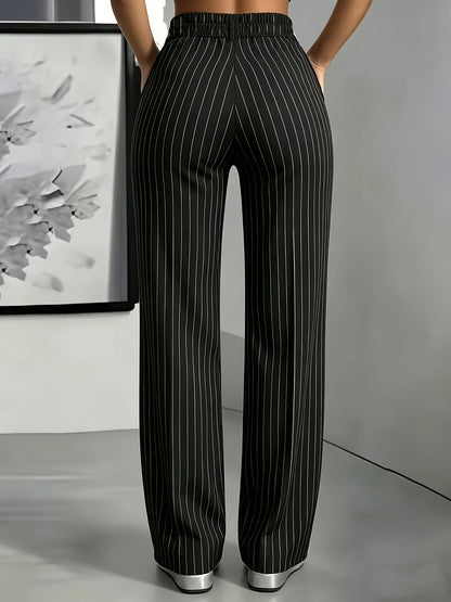 Women's Black Pinstripe Slim Fit Straight Leg Office Trousers