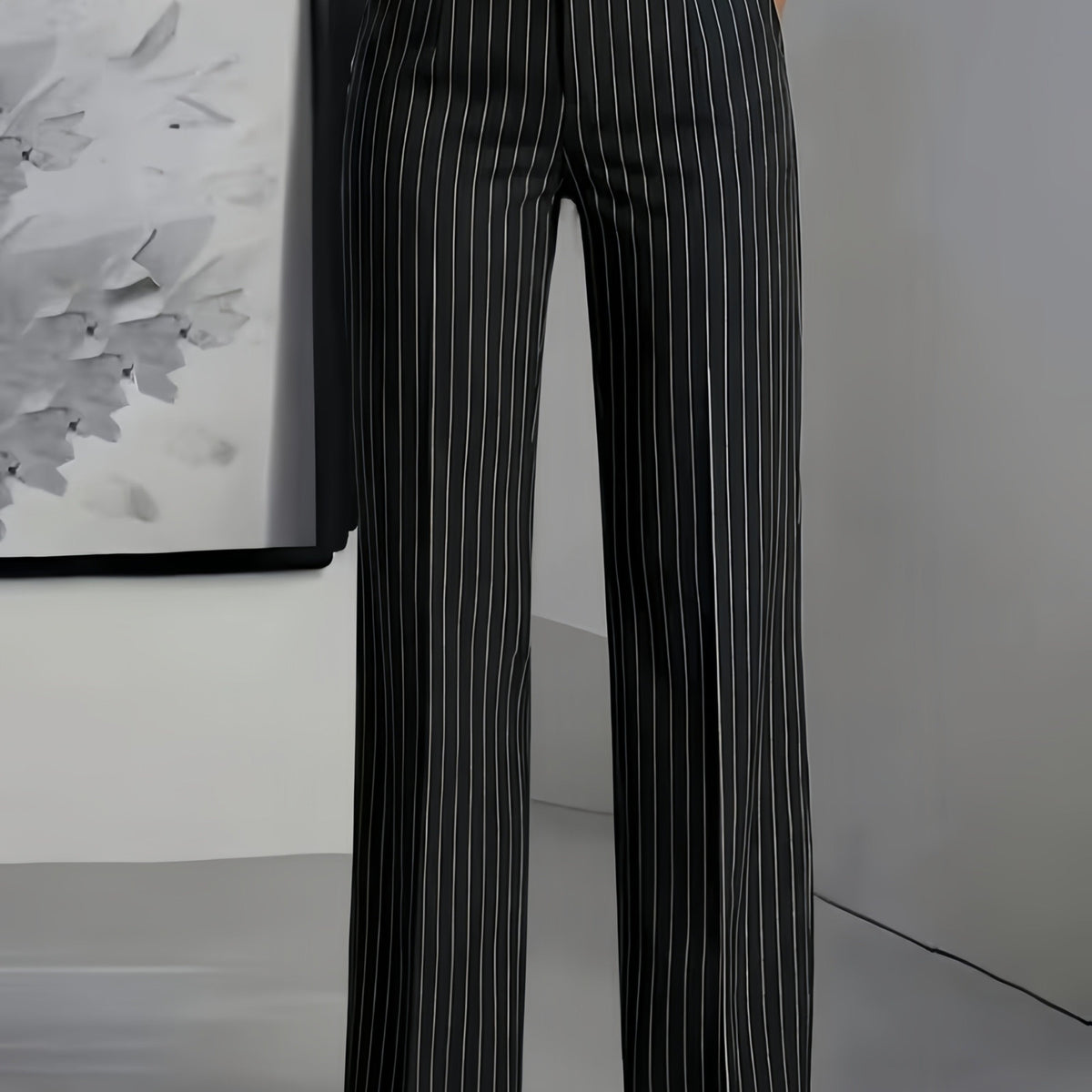 Women's Black Pinstripe Slim Fit Straight Leg Office Trousers