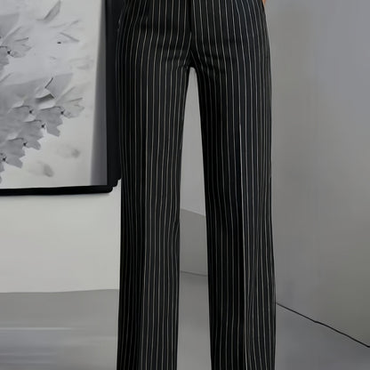 Women's Black Pinstripe Slim Fit Straight Leg Office Trousers