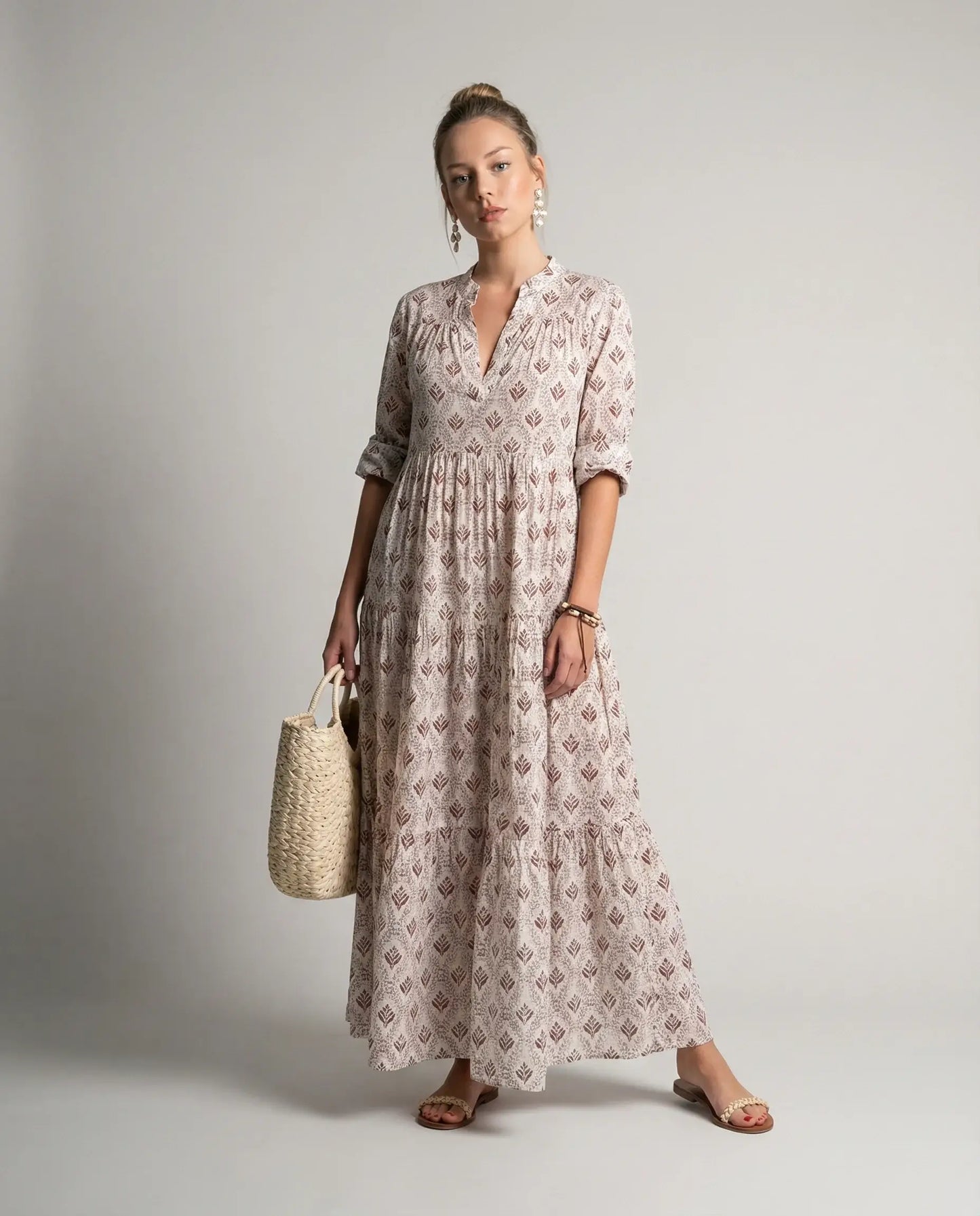 Beige boho print maxi dress by Ilynora, full length view with soft V-neck and relaxed bohemian style