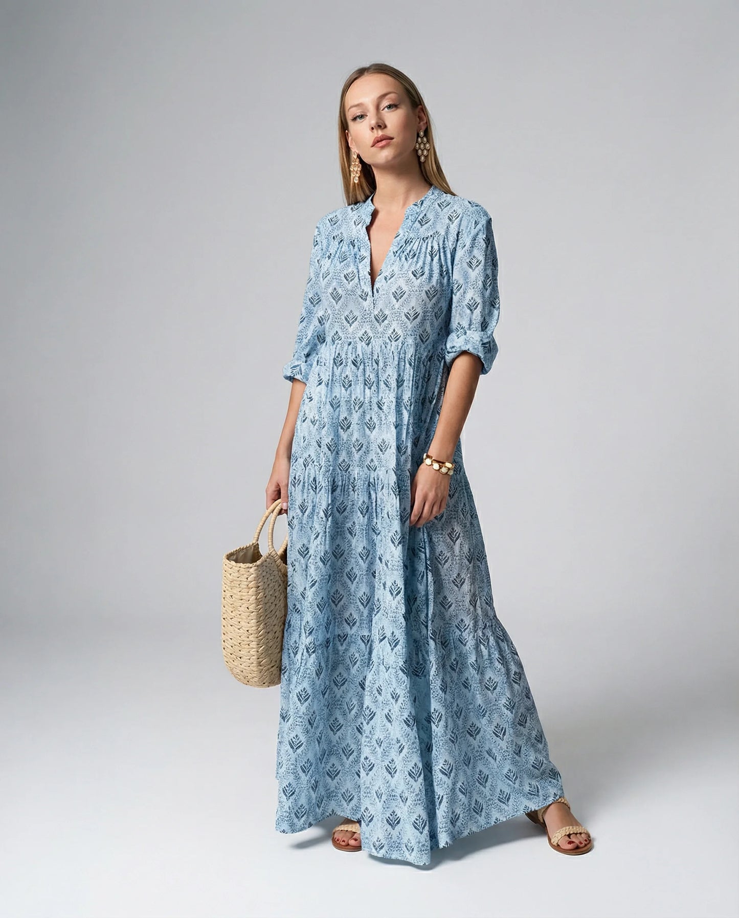 Blue boho print maxi dress for women by Ilynora, full body view with relaxed fit and lightweight fabric