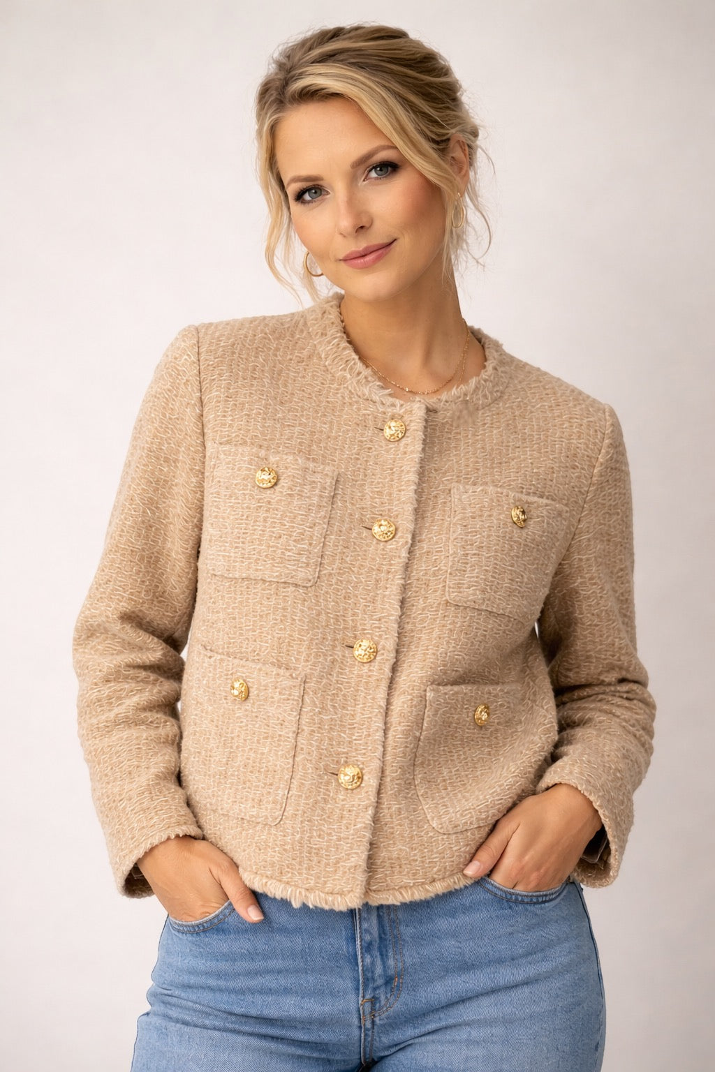 Women's Boxy Tweed Jacket with Pockets