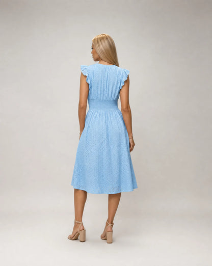 Women's blue embroidered midi dress with flutter sleeves and refined occasion styling by ILYNORA