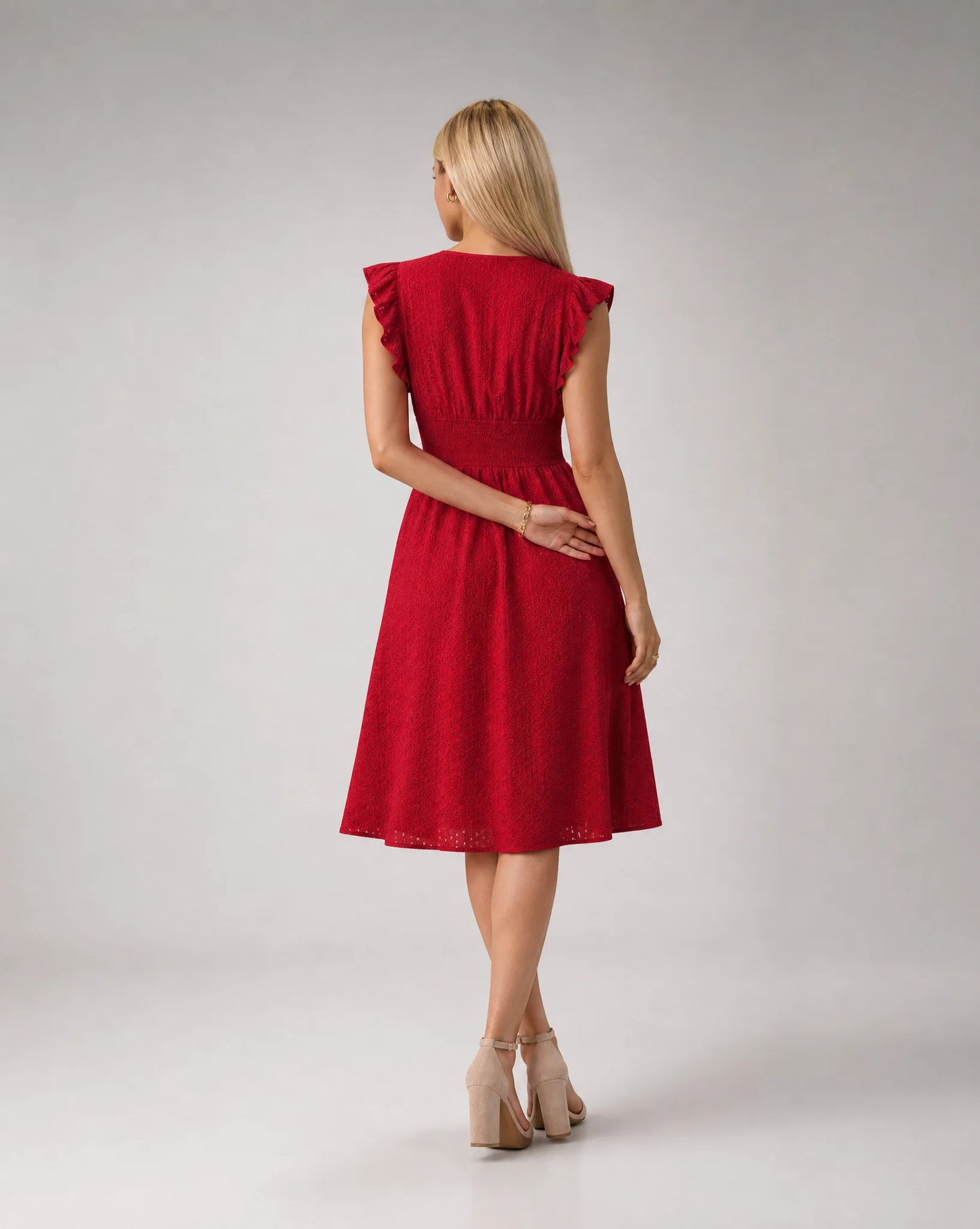 Women's red embroidered midi dress with flattering waist and graceful movement by ILYNORA