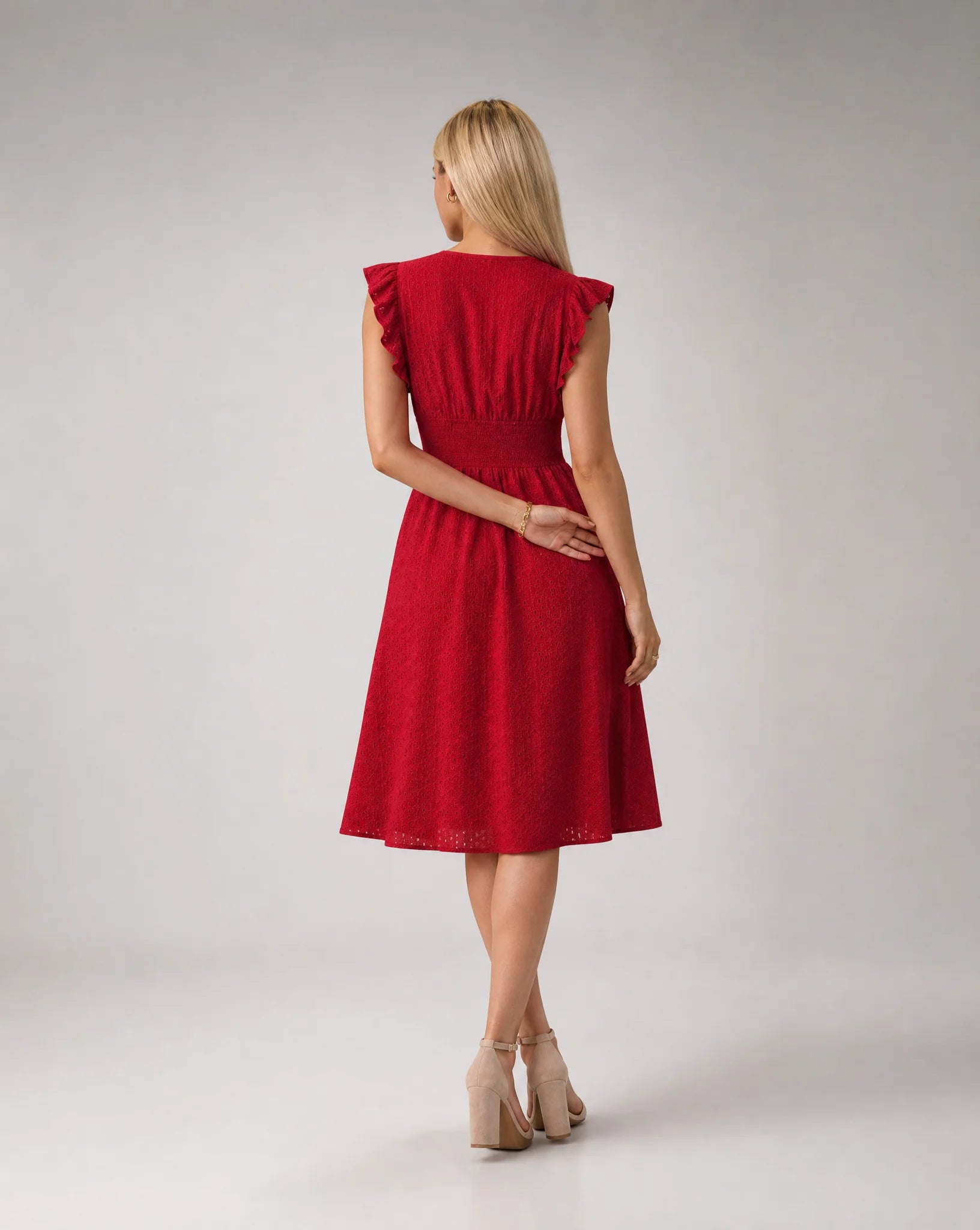 Women's red embroidered midi dress with flattering waist and graceful movement by ILYNORA