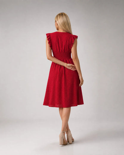 Women's red embroidered midi dress with flattering waist and graceful movement by ILYNORA