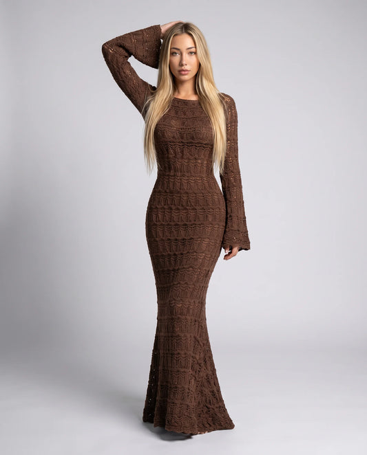 Women's brown crochet maxi cover up dress with button front, long sleeves and semi sheer knit beachwear by ILYNORA