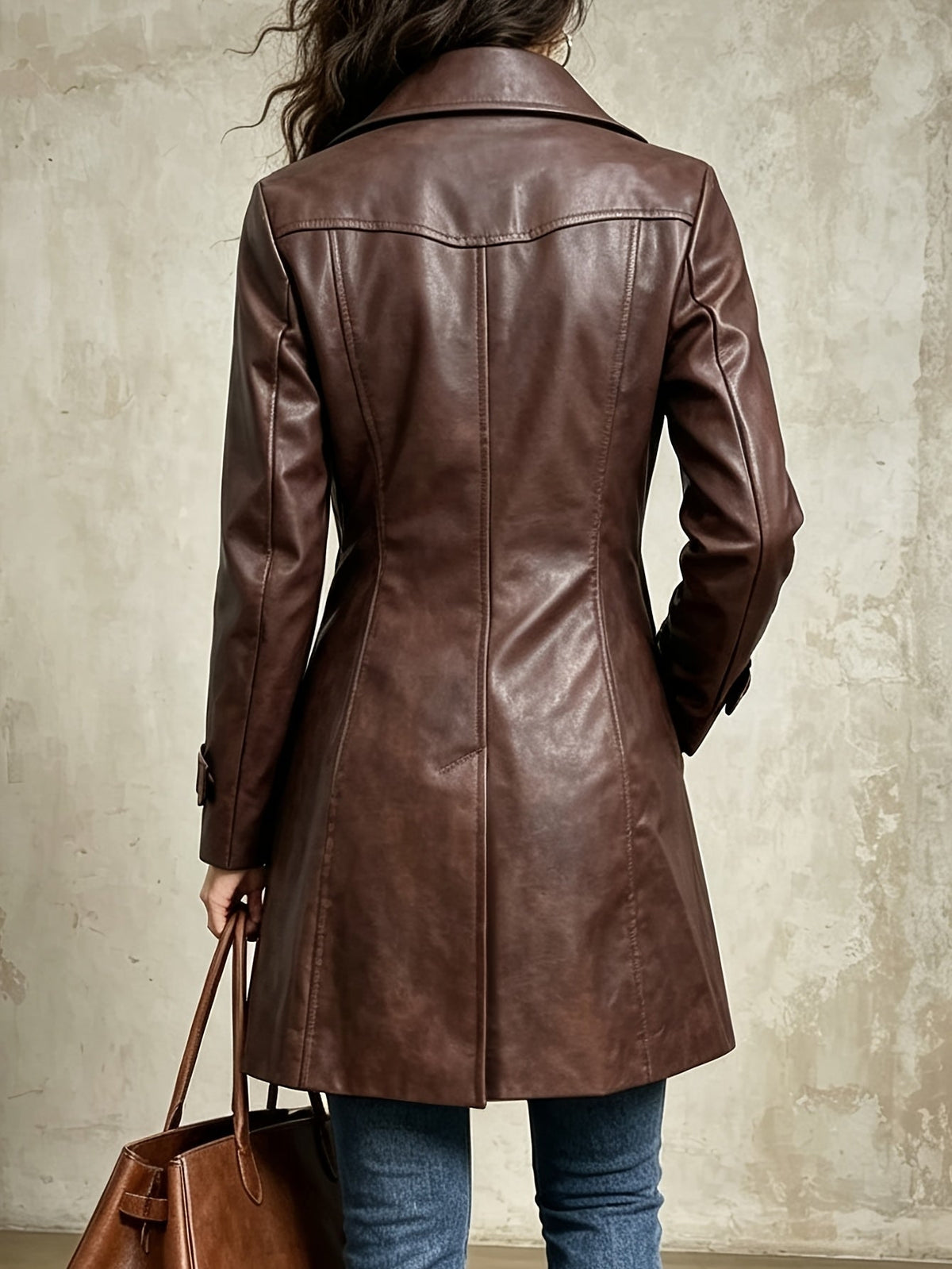 Women's Brown Distressed Double Breasted Winter Coat with Belt