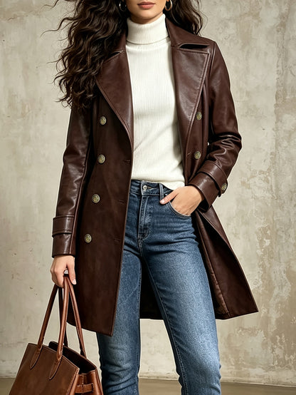 Women's Brown Distressed Double Breasted Winter Coat with Belt