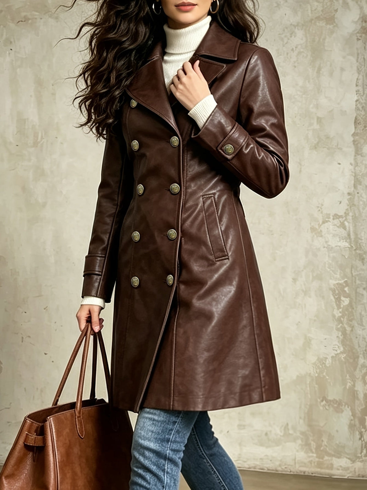 Women's Brown Distressed Double Breasted Winter Coat with Belt