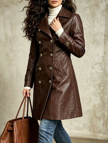 Women's Brown Distressed Double Breasted Winter Coat with Belt