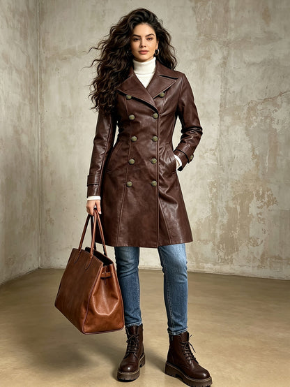 Women's Brown Distressed Double Breasted Winter Coat with Belt