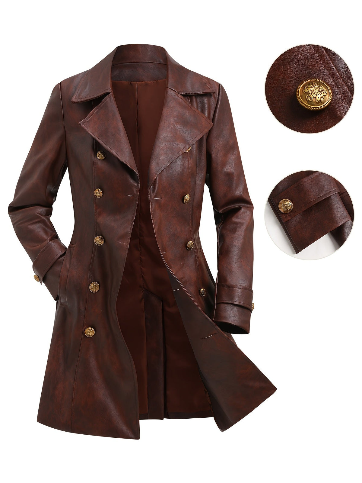 Women's Brown Distressed Double Breasted Winter Coat with Belt