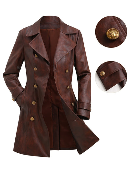 Women's Brown Distressed Double Breasted Winter Coat with Belt