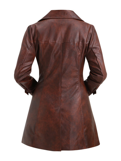 Women's Brown Distressed Double Breasted Winter Coat with Belt