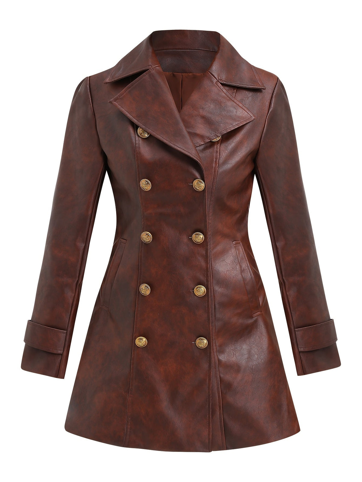 Women's Brown Distressed Double Breasted Winter Coat with Belt