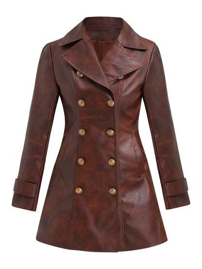 Women's Brown Distressed Double Breasted Winter Coat with Belt