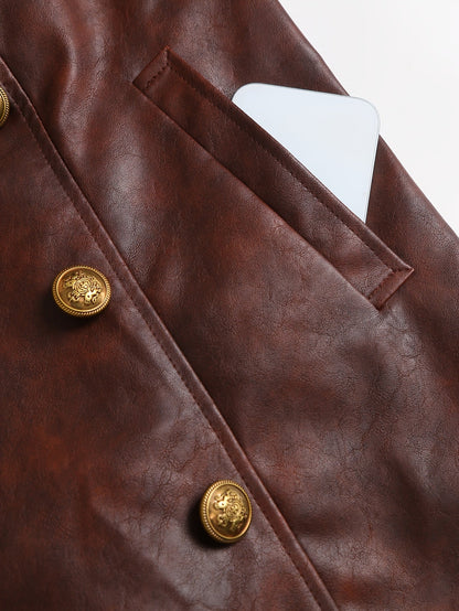 Women's Brown Distressed Double Breasted Winter Coat with Belt