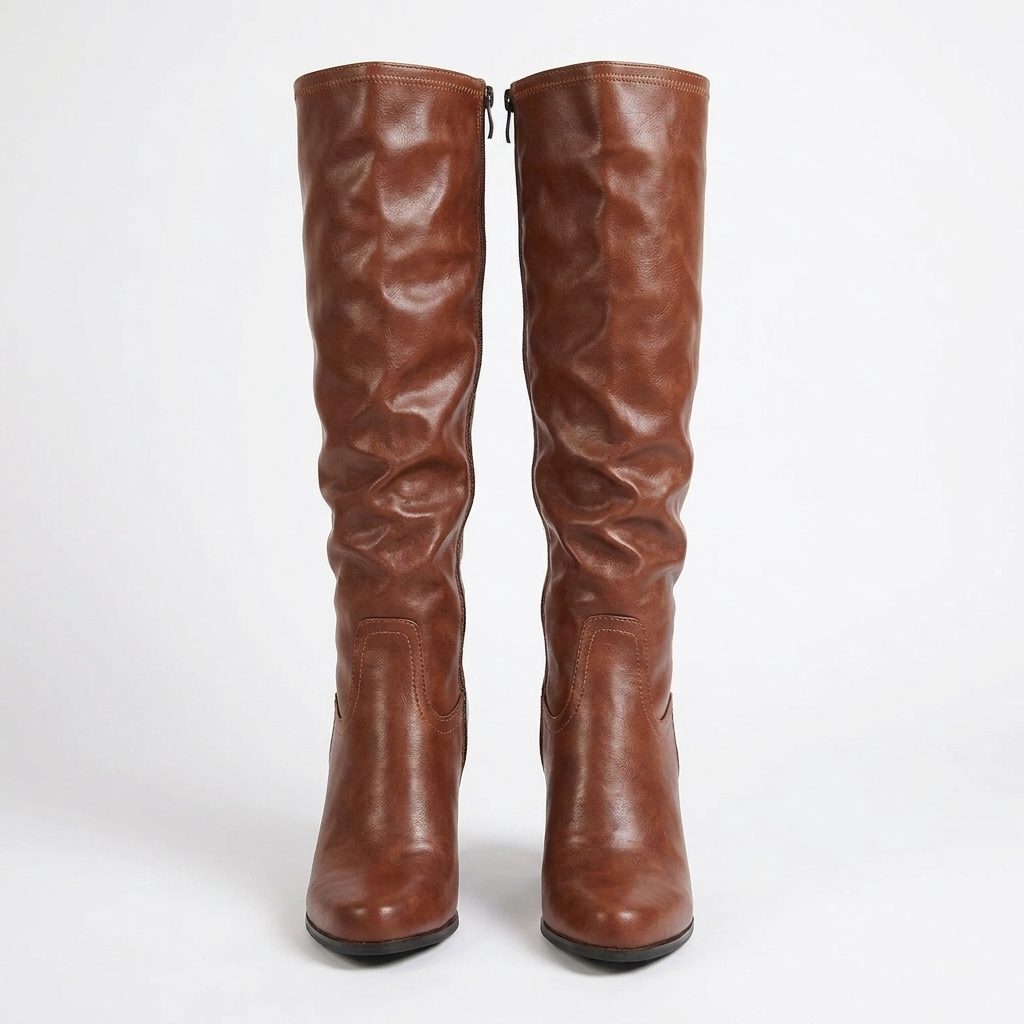 Women's Brown Heeled Leather Knee High Boots with Block Heel