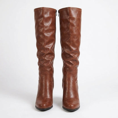 Women's Brown Heeled Leather Knee High Boots with Block Heel