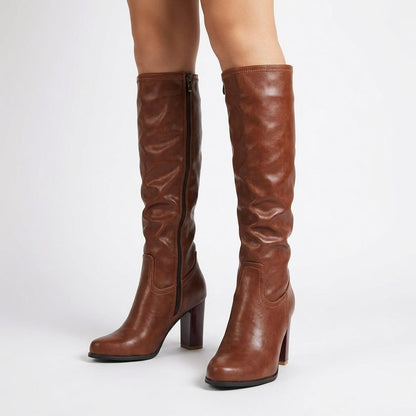 Women's Brown Heeled Leather Knee High Boots with Block Heel