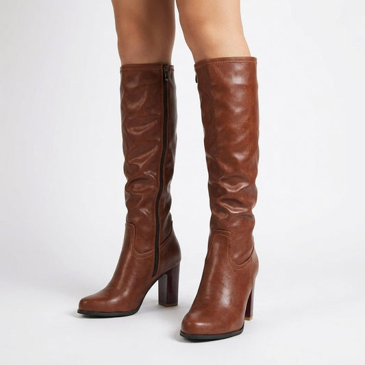 Women's Brown Heeled Leather Knee High Boots with Block Heel