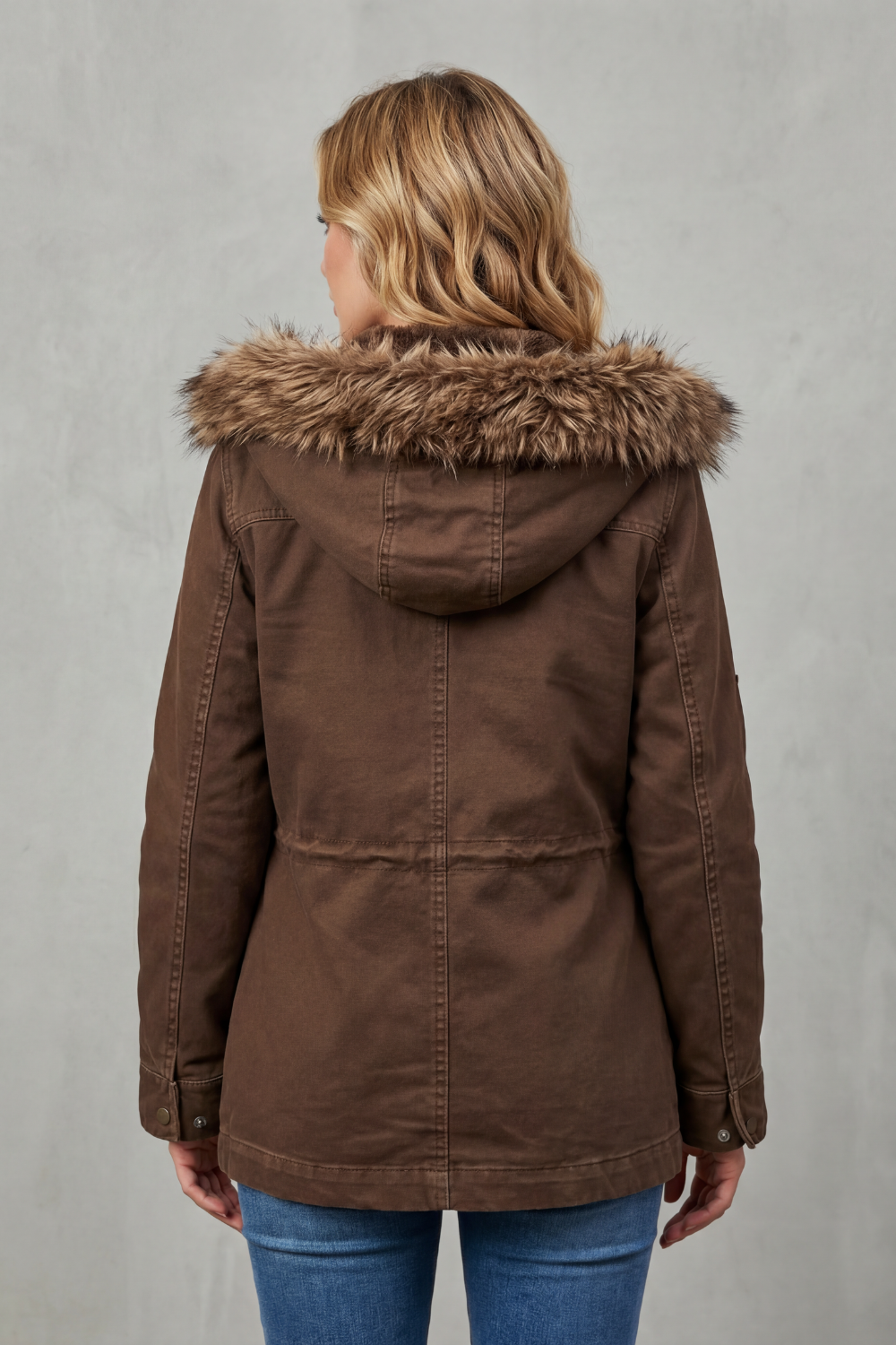 Women's Brown Hooded Parka with Faux Fur Trim and Flap Pockets
