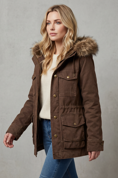 Women's Brown Hooded Parka with Faux Fur Trim and Flap Pockets