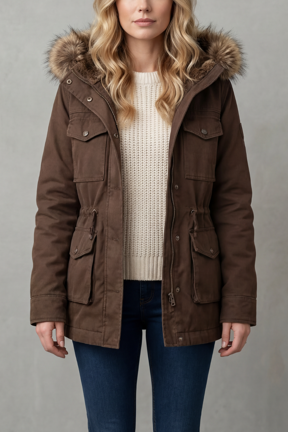 Women's Brown Hooded Parka with Faux Fur Trim and Flap Pockets