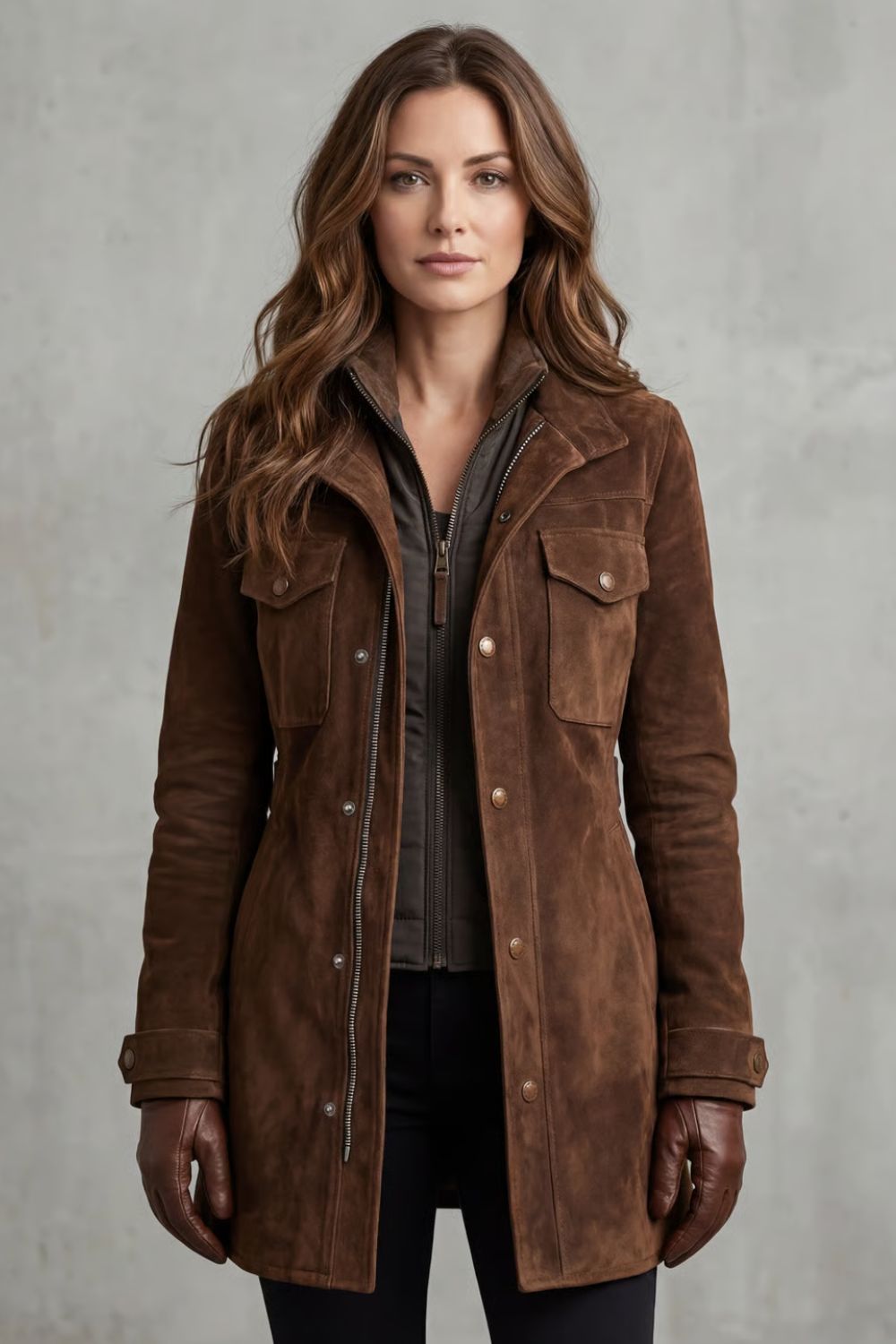 Women's Brown Suede Jacket with Flap Chest Pockets and Longline Cut