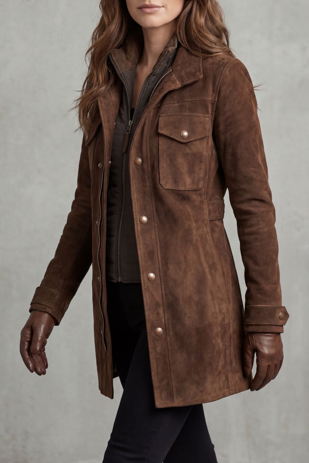 Women's Brown Suede Jacket with Flap Chest Pockets and Longline Cut