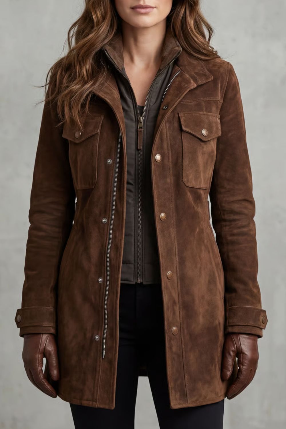 Women's Brown Suede Jacket with Flap Chest Pockets and Longline Cut