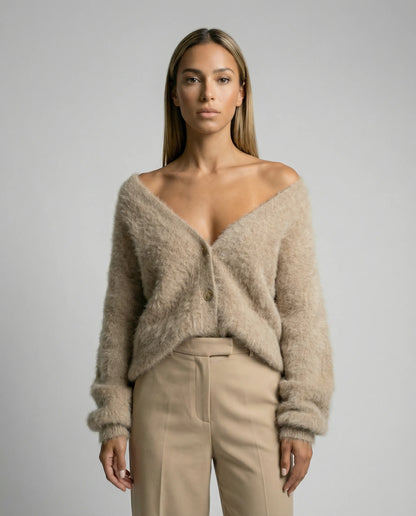 Women's brushed wool blend cardigan in beige by Ilynora, front view with relaxed fit and soft texture