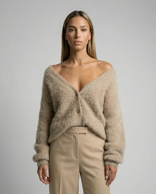 Women's brushed wool blend cardigan in beige by Ilynora, front view with relaxed fit and soft texture