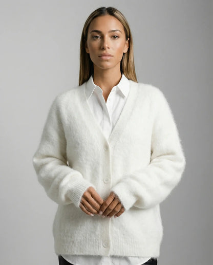 White brushed wool blend cardigan by Ilynora, front view with clean design and soft airy texture