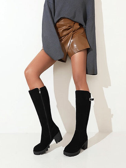 Women's Buckle Detail Lug Sole Knee High Boots