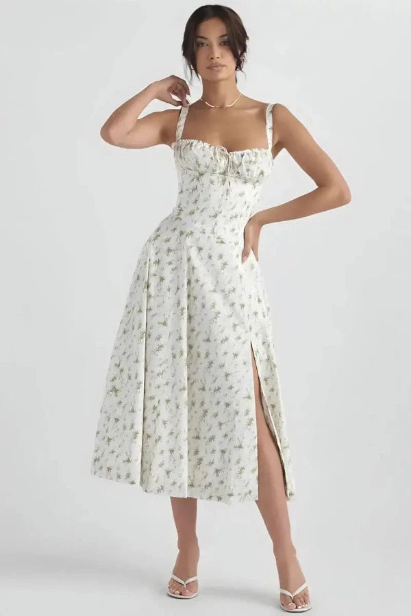 Women's Bustier Floral Corset Midi Dress with Slit