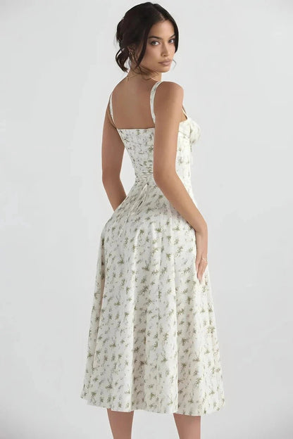 Women's Bustier Floral Corset Midi Dress with Slit