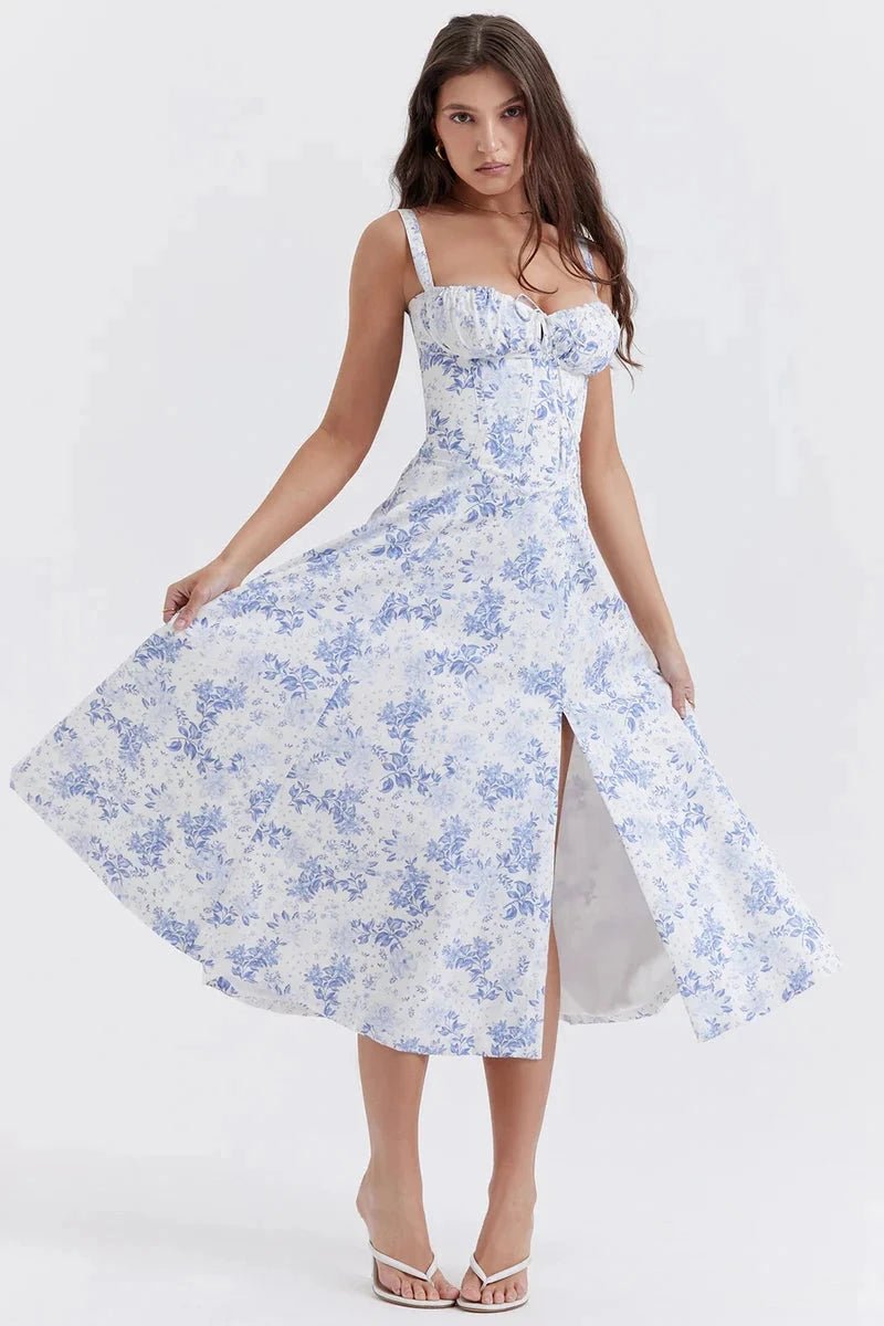 Women's Bustier Floral Corset Midi Dress with Slit