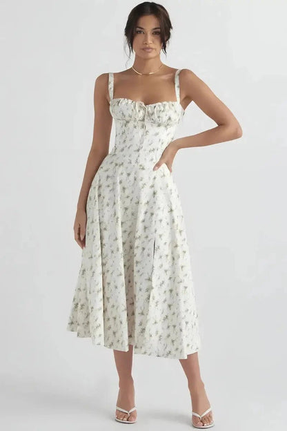 Women's Bustier Floral Corset Midi Dress with Slit