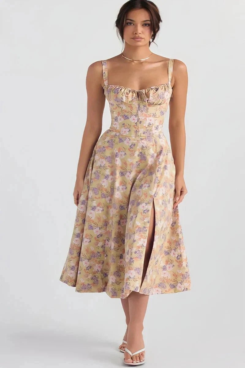 Women's Bustier Floral Corset Midi Dress with Slit