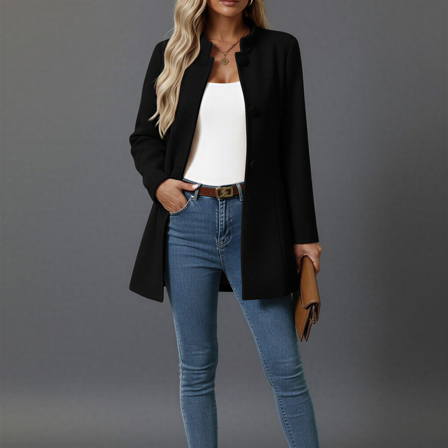 Women's Button Down Stand Collar A Line Coat