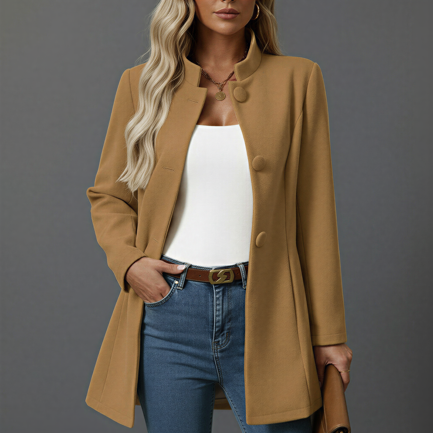 Women's Button Down Stand Collar A Line Coat