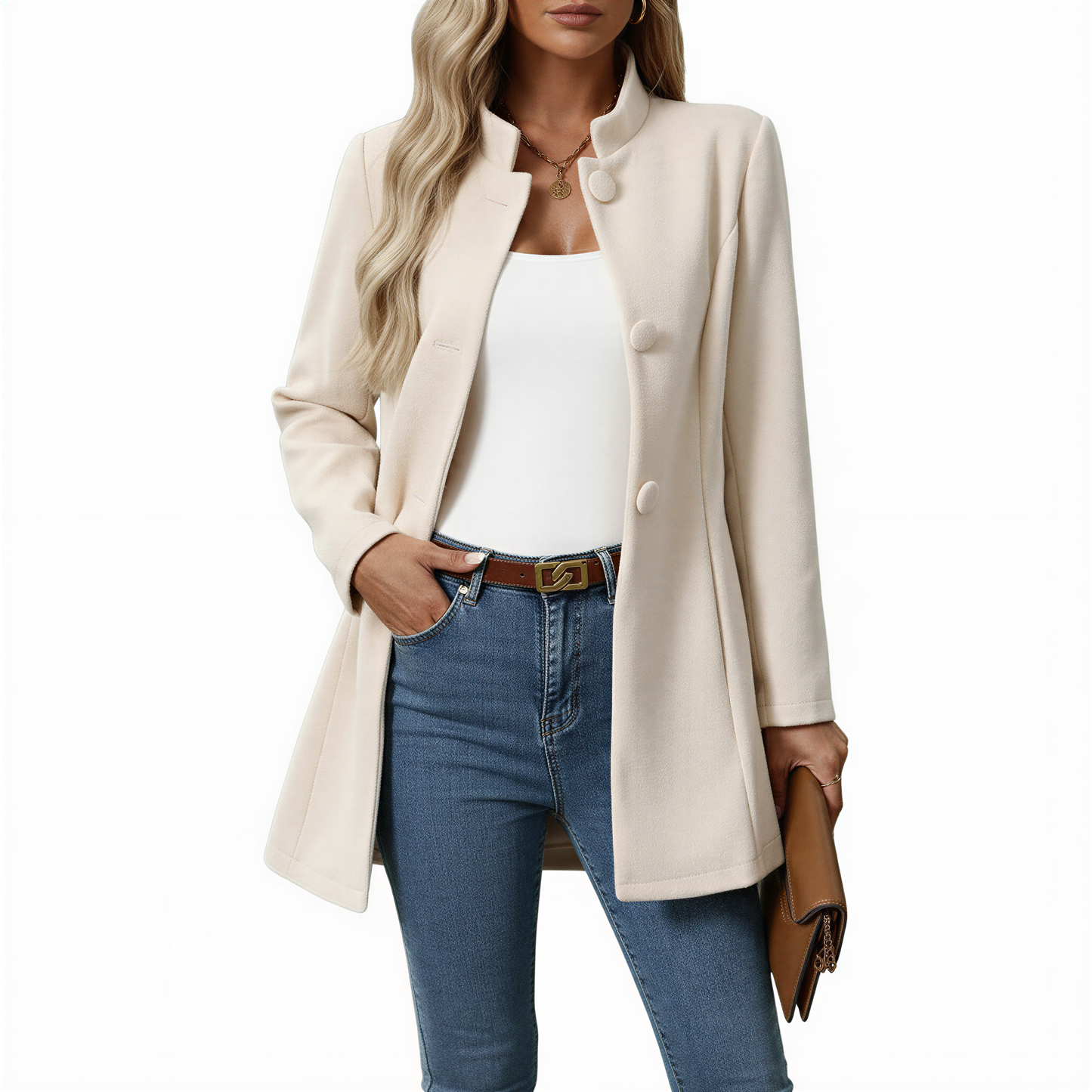 Women's Button Down Stand Collar A Line Coat