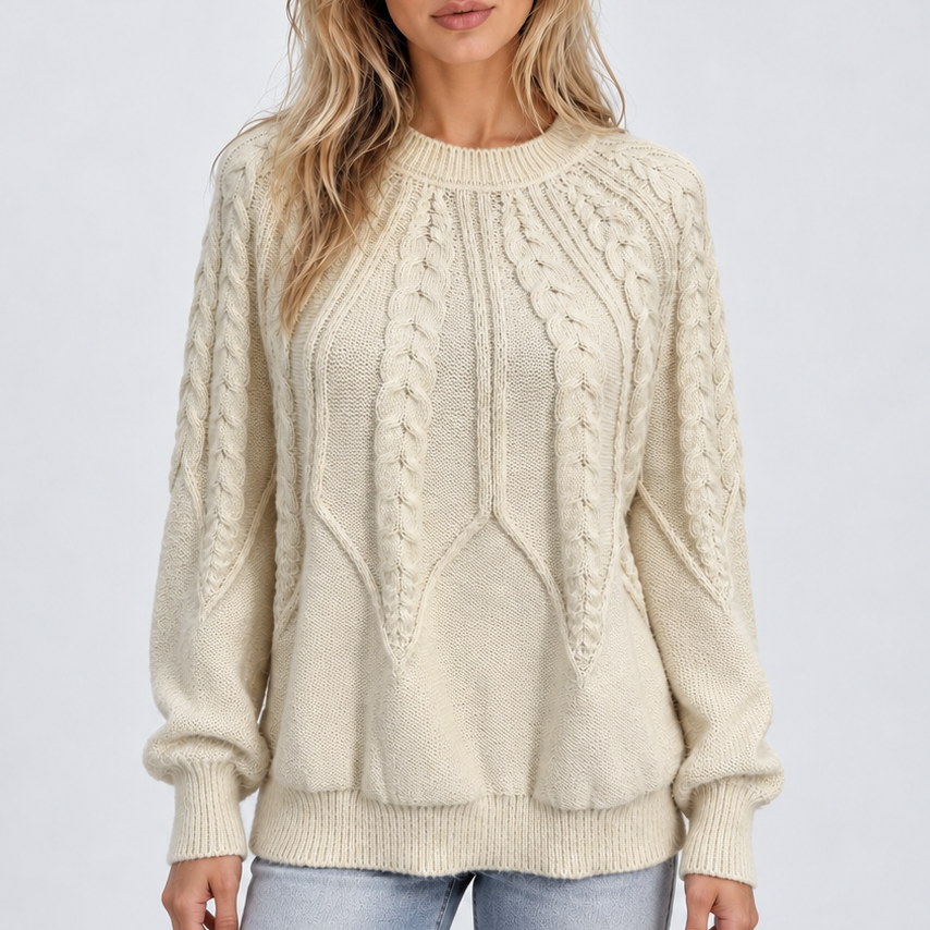 Women's cable knit crew neck jumper with balloon sleeves front view
