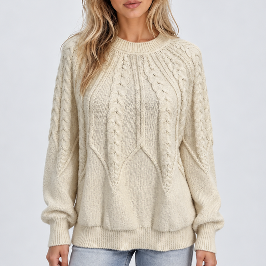 Women's cable knit crew neck jumper with balloon sleeves front view