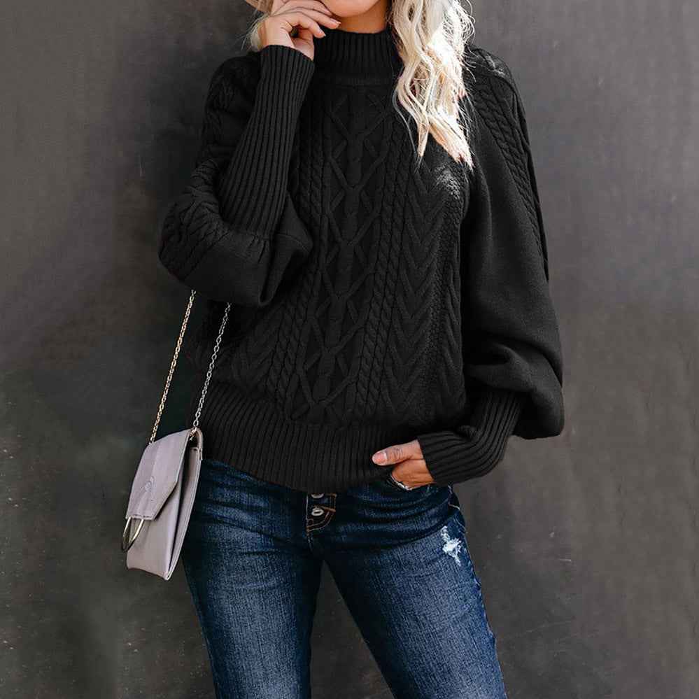 Women's Cable Knit High Neck Balloon Sleeve Sweater