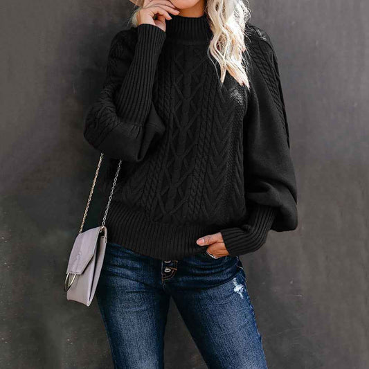 Women's Cable Knit High Neck Balloon Sleeve Sweater