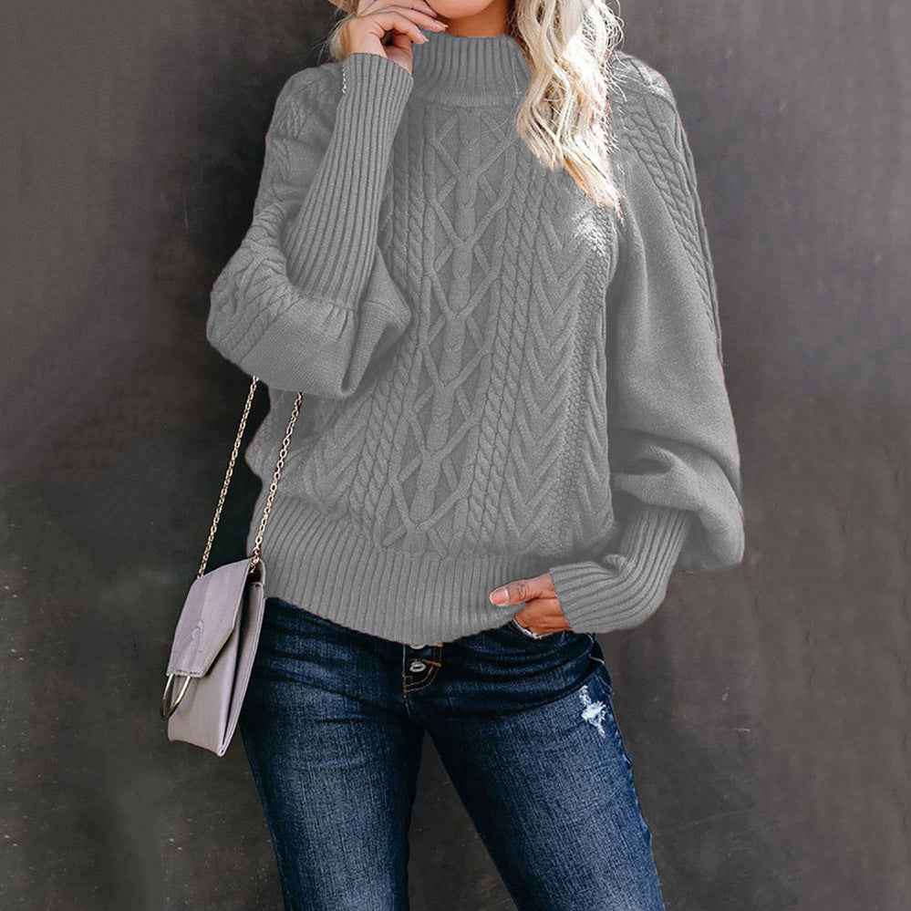 Women's Cable Knit High Neck Balloon Sleeve Sweater