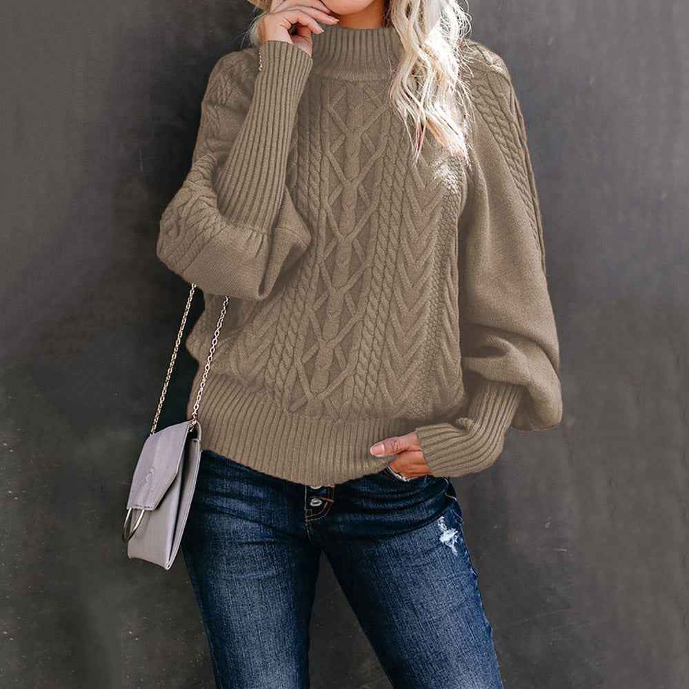 Women's Cable Knit High Neck Balloon Sleeve Sweater
